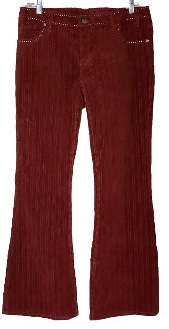 Rock & Roll Cowgirl Womens Flare Jeans Mid Rise Corduroy Studded Rust 32W x 34L